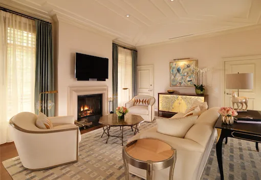 Bungalow 5A Living room with fireplace at The Beverly Hills Hotel, Los Angeles