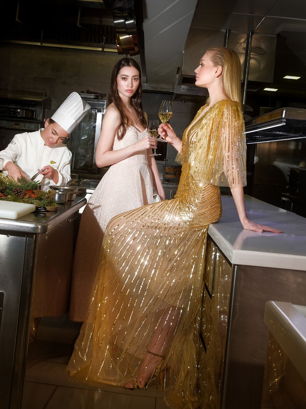 Models in the kitchen of Alain Ducasse at The Dorchester