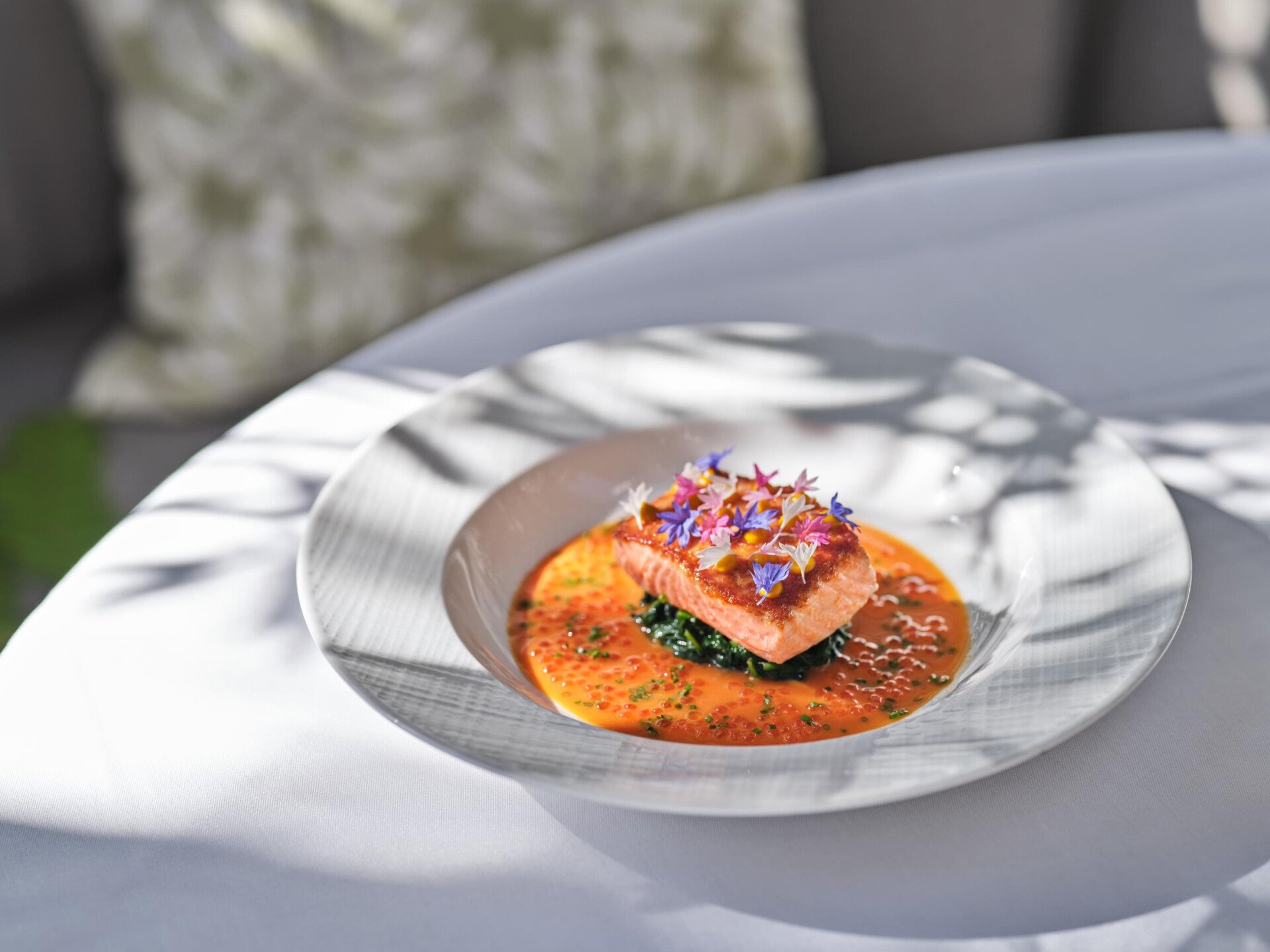 Bright salmon with orange sauce and micro greens and edible flowers as a main dish from The Restaurant at Hotel Bel-Air.