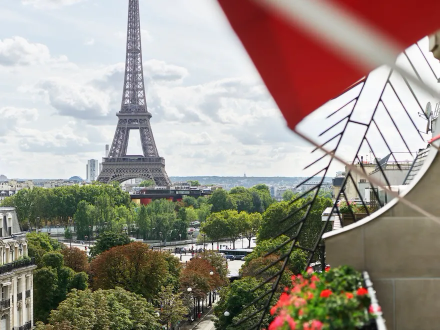 View of Eiffel Tower from balcony at Hôtel Plaza Athénée, Paris