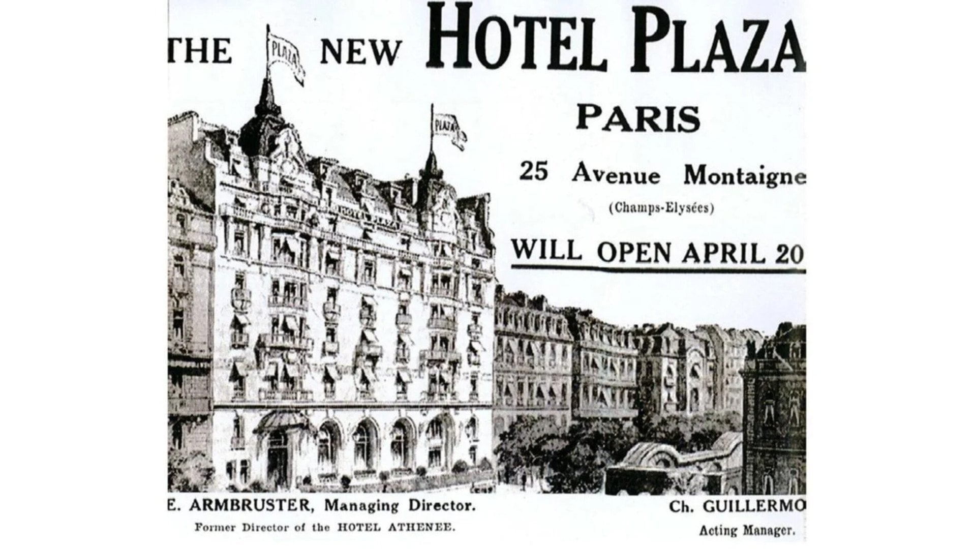 Desenho histórico anunciando a abertura da Plaza Athenee