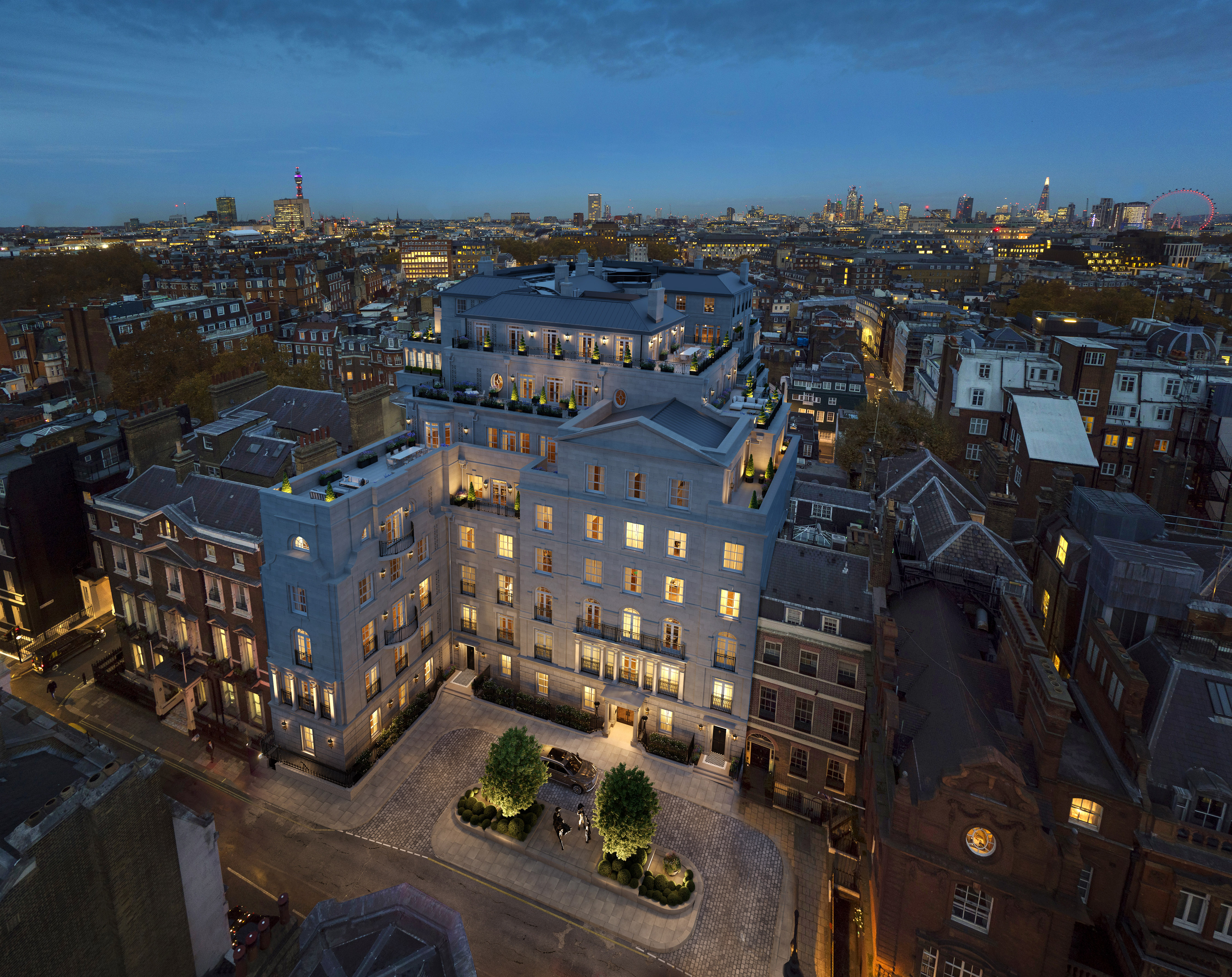 Night aerial view of 1 Mayfair London