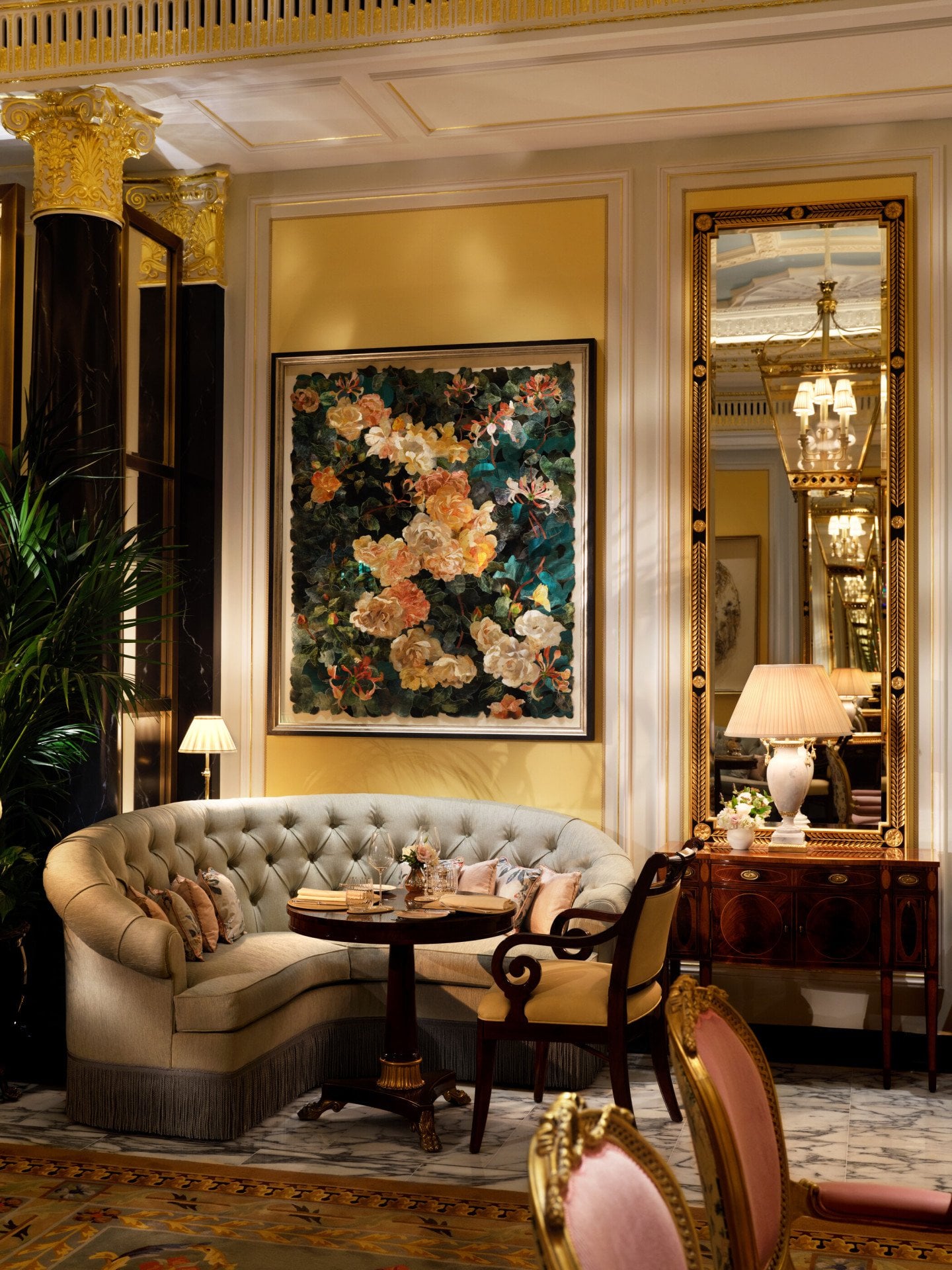 The Promenade at the Dorchester artwork and set up for afternon tea
