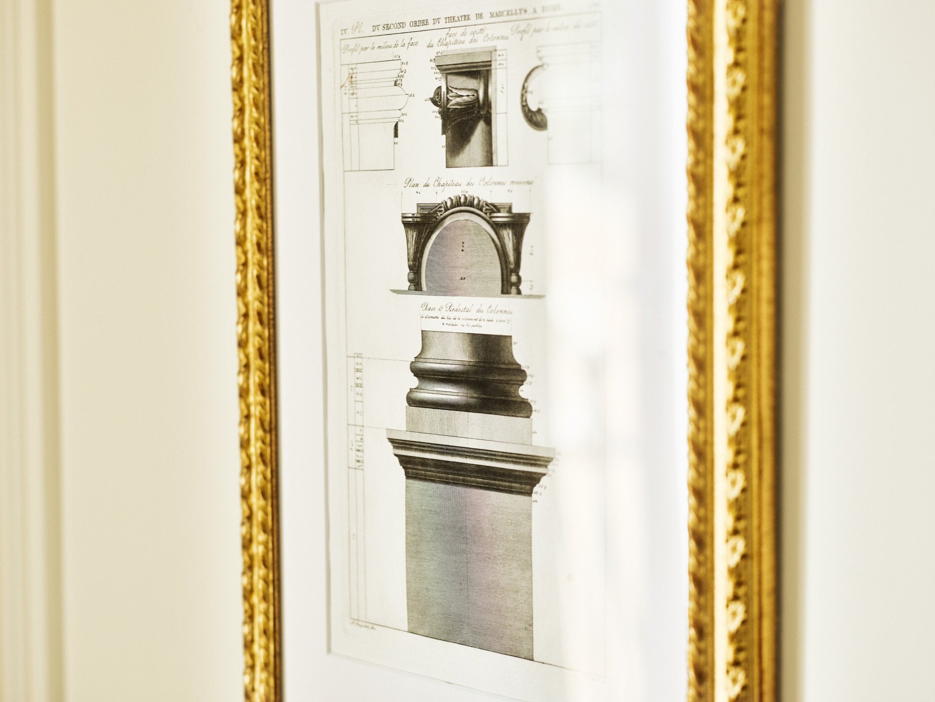 Detail of illustration with golden frame at Classic Suite at Hotel Eden, Rome