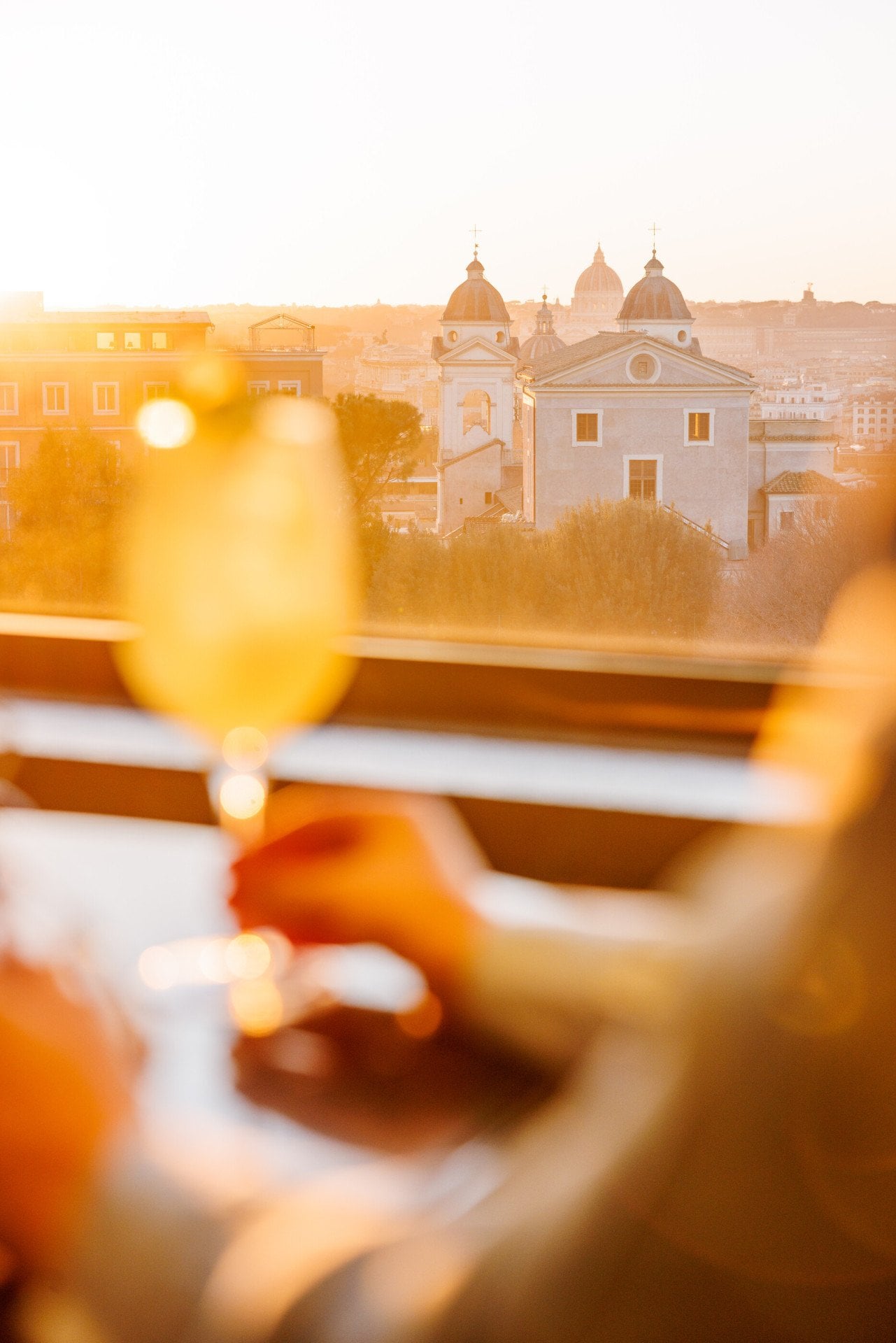Figura di donna che tocca un calice con un cocktail e sullo sfondo la vista sulla cupola di San Pietro da Il Giardino bar