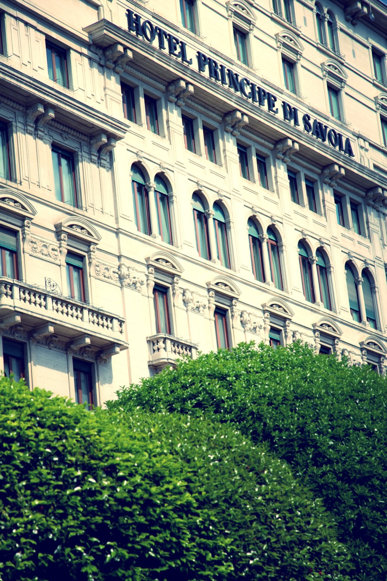 A close-up of our neoclassical façade, shot from below