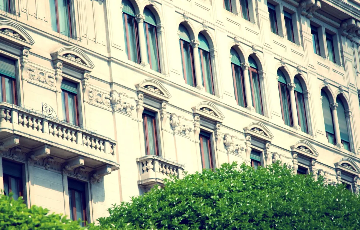 A close-up of our neoclassical façade, shot from below