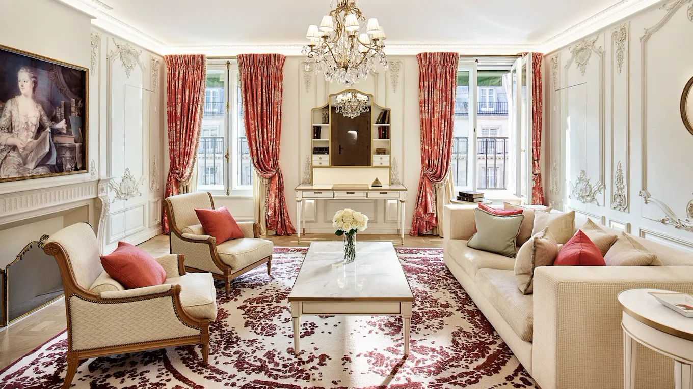 Living room facing windows in the Pompadour suite at Le Meurice, Paris.