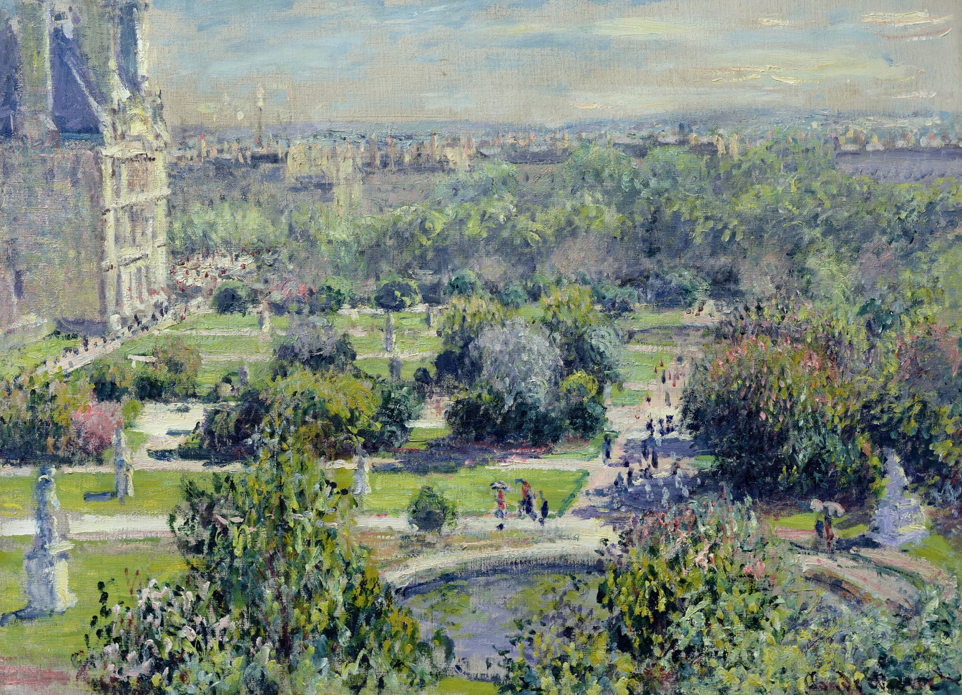 Monet painting of Le Jardin des Tuileries with people walking around the garden, many trees and the city in the back  of the painting, at Le Meurice, Paris