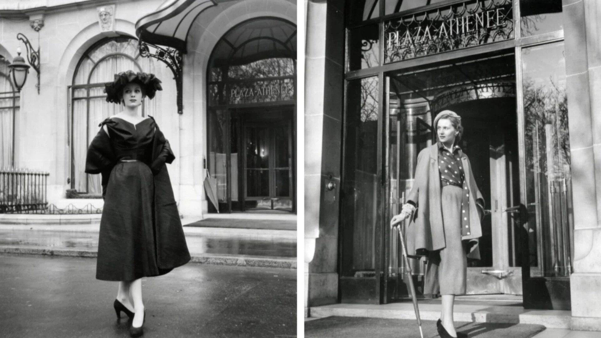 Duas fotografias históricas de modelos Christian Dior em frente ao hotel