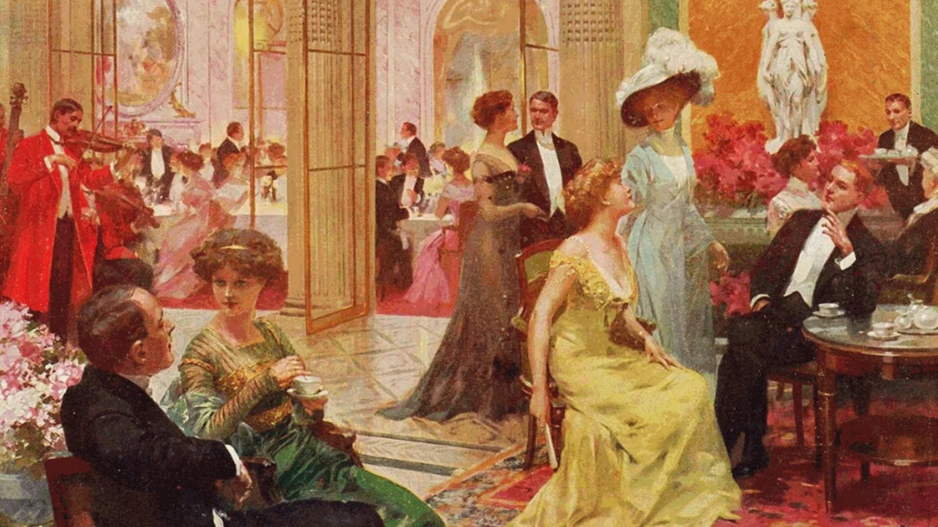 Pintura histórica de pessoas em um salão em Le Meurice.