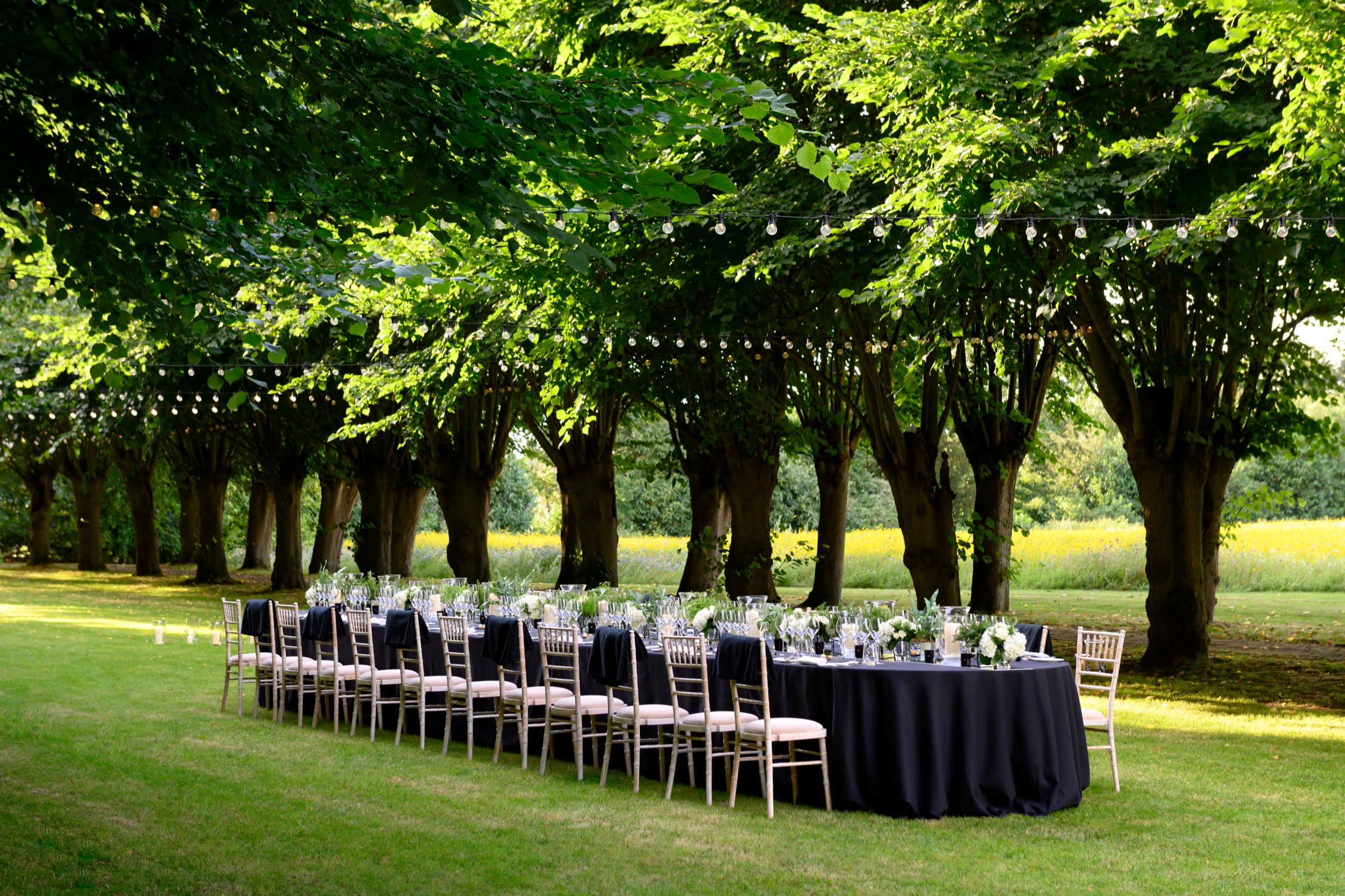 Dinner setting in the Lime Grove at Coworth Park, Ascot