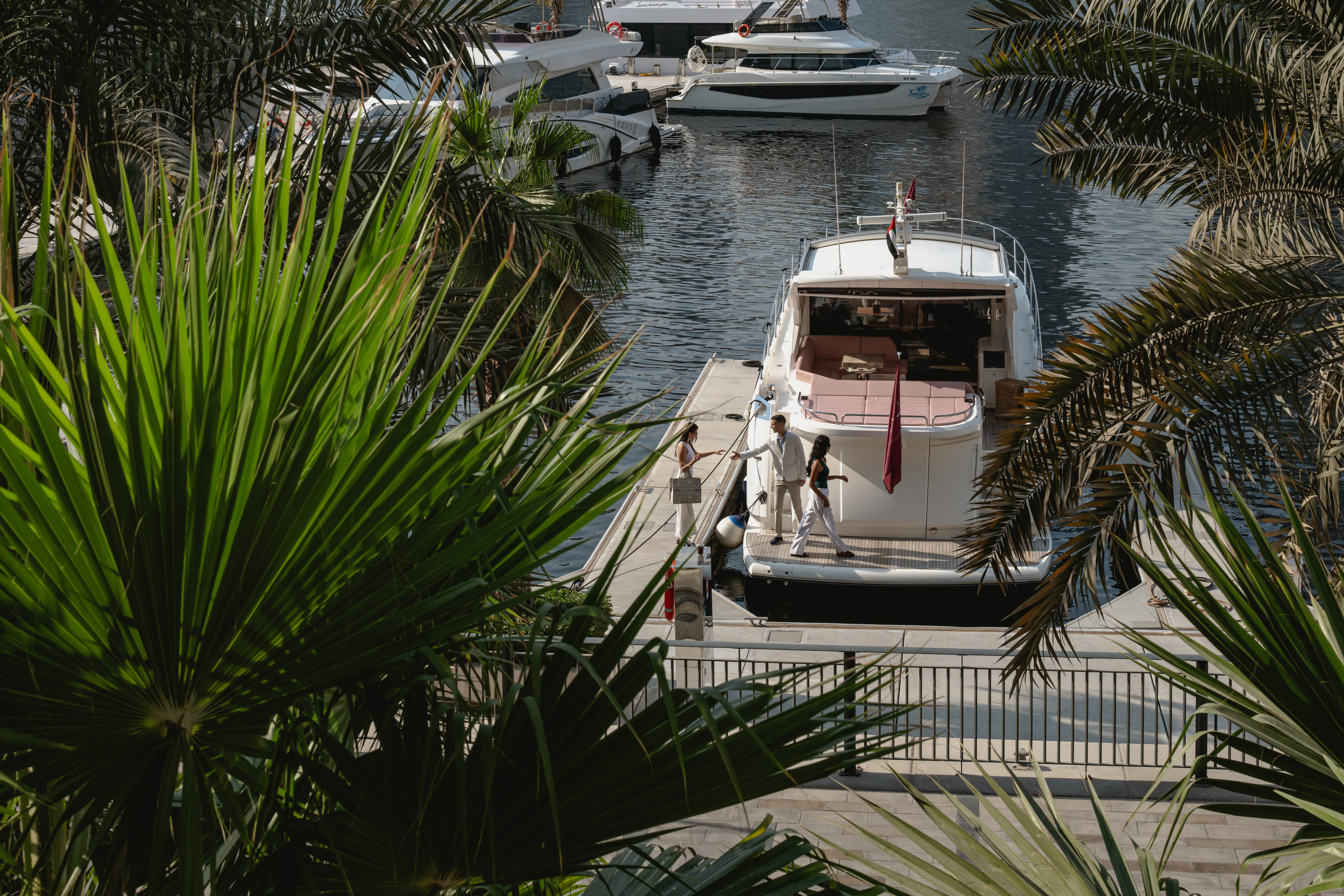 The Lana boat docked while guests are getting onboard