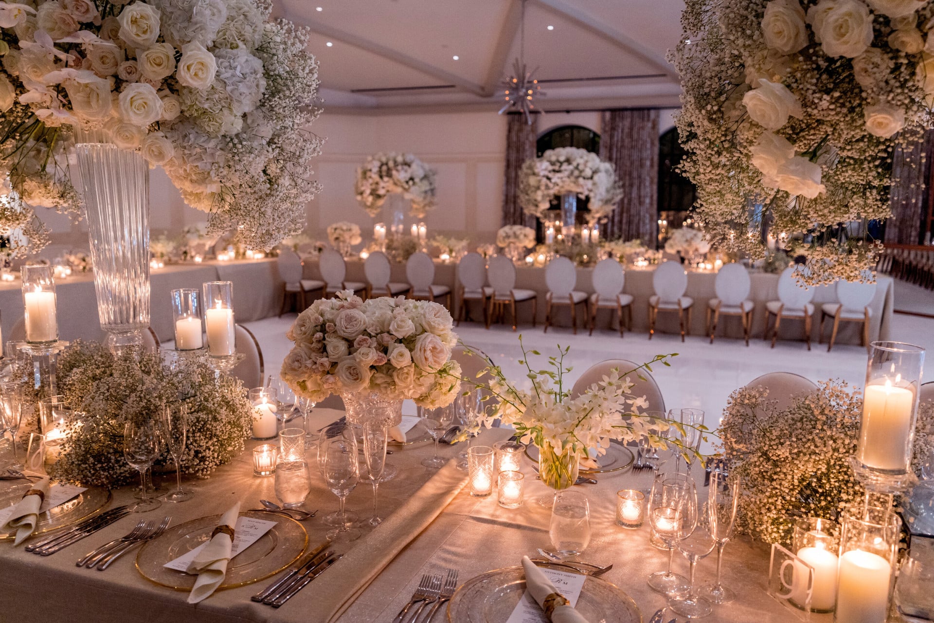 All white elegant wedding décor in garden ballroom at Hotel Bel-Air