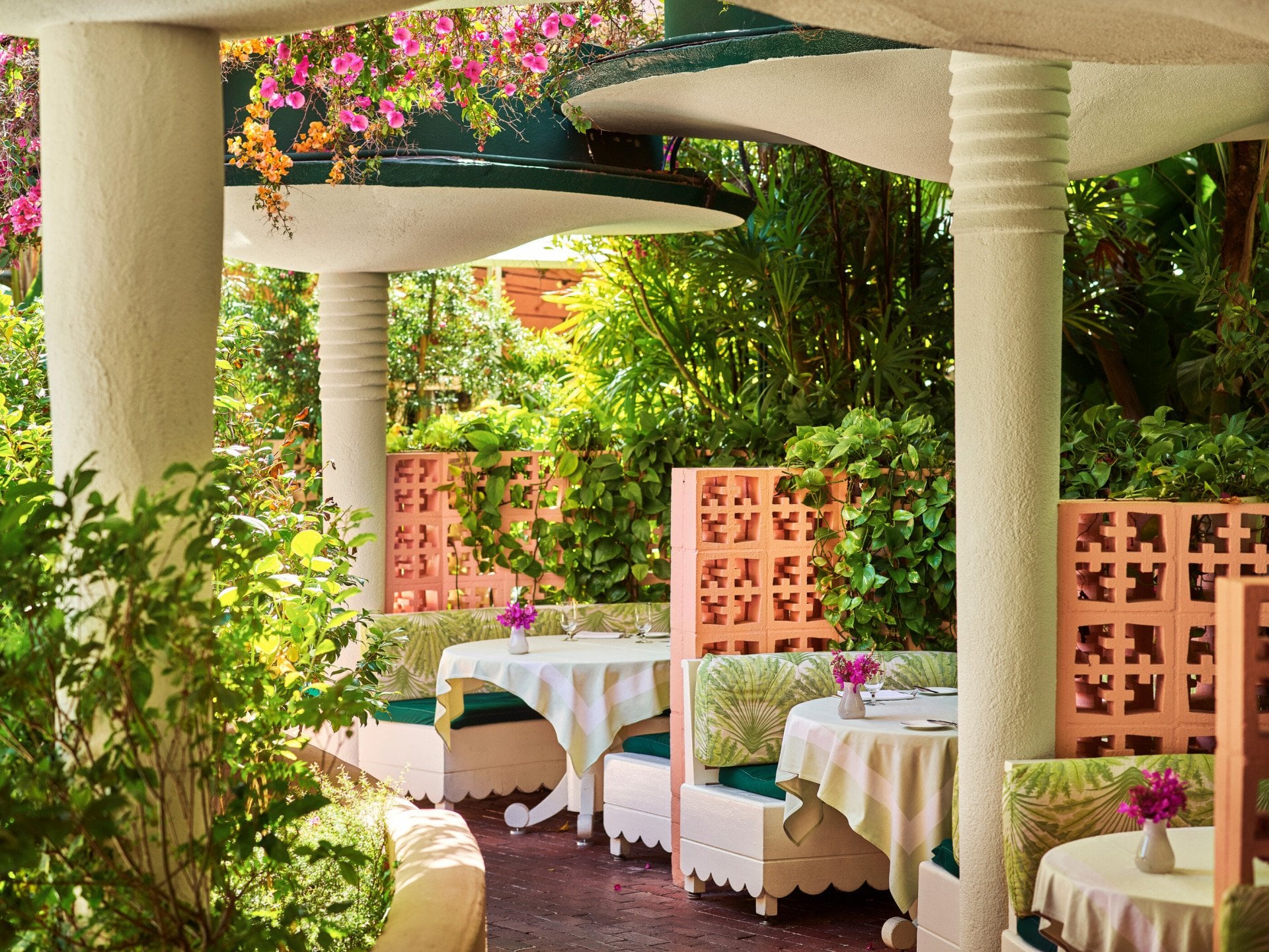The Polo Lounge exterior terrace booths at The Beverly Hills Hotel, Los Angeles