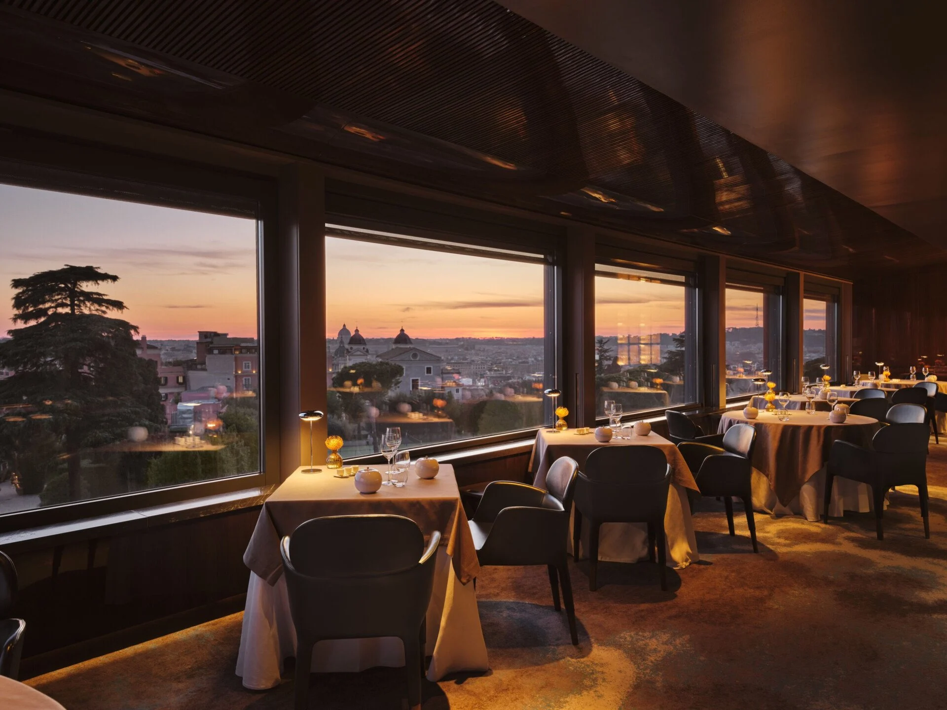 Panoramic view of La Terrazza rooftop restaurant at sunset