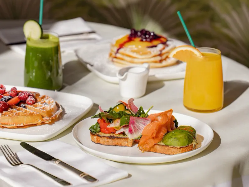 Breakfast spread in Polo Lounge at The Beverly Hills Hotel