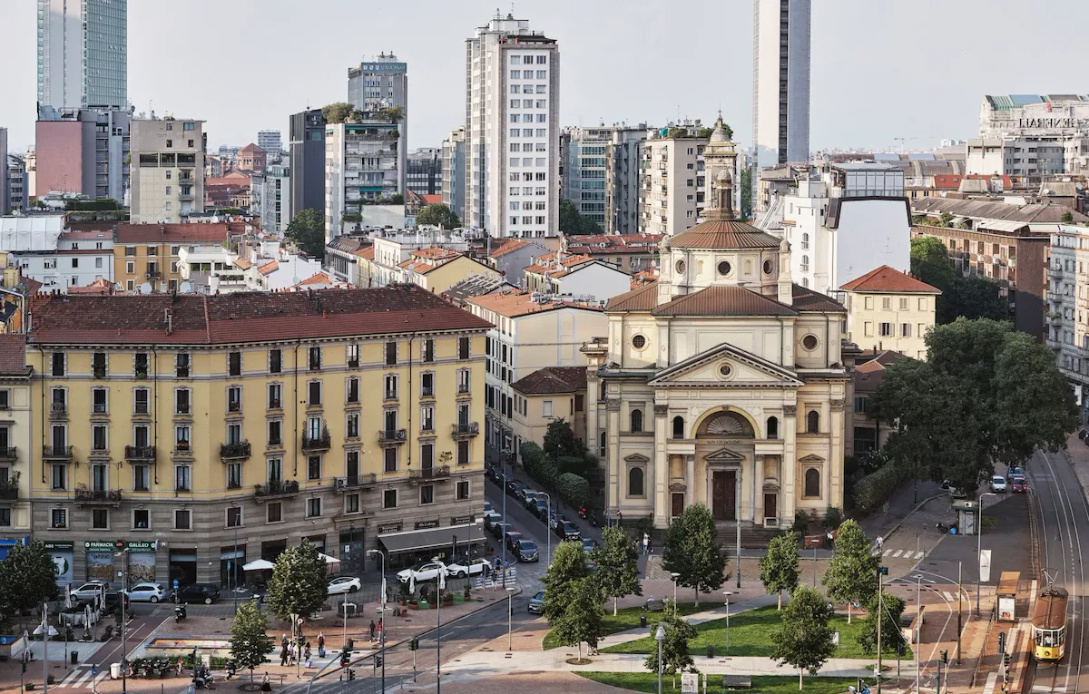 Panoramic view from the Hotel Principe di Savoia Terrace overlooking Piazza San Gioachimo and the Pirelli Tower