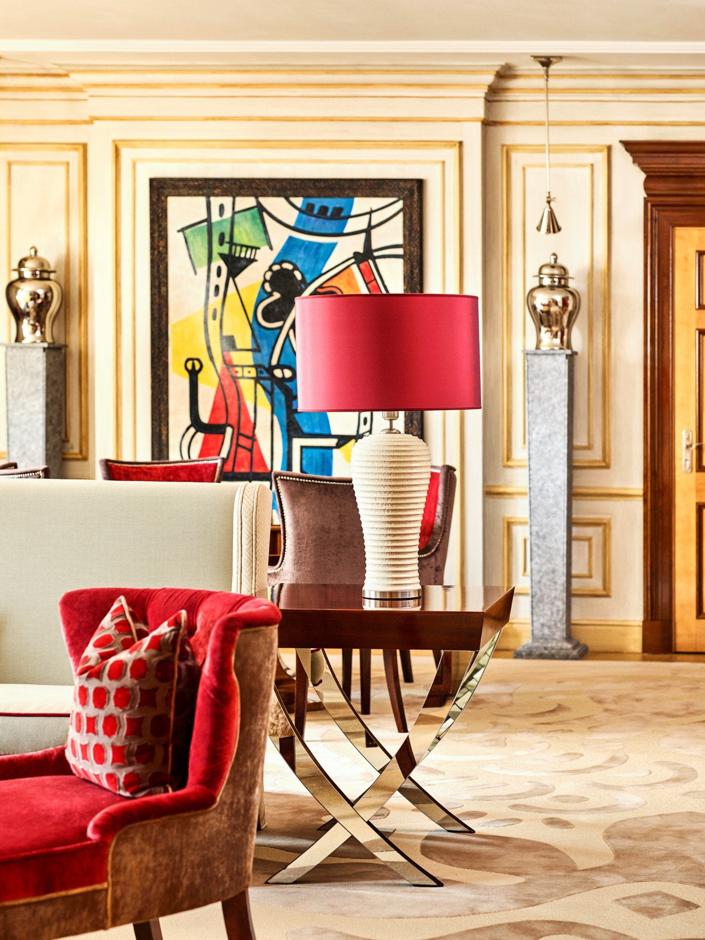 Pink armchair and lamp in Imperial Executive Suite at Hotel Principe Di Savoia, Milan