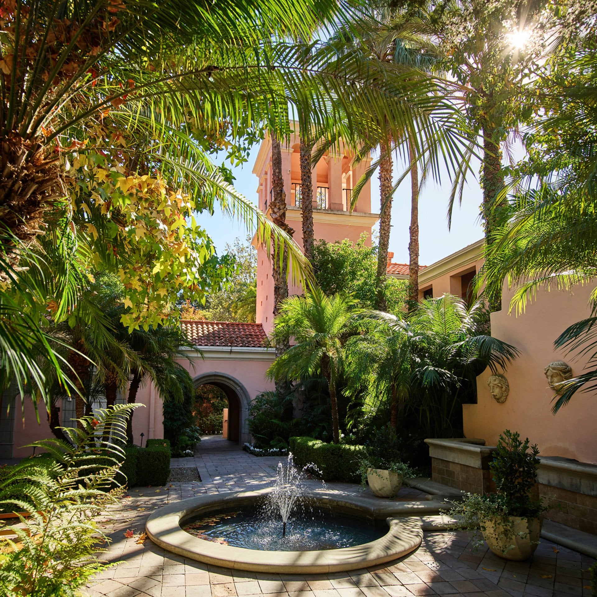 A fountain on a terrace in the gardens of Hotel Bel-Air, Los Angeles
