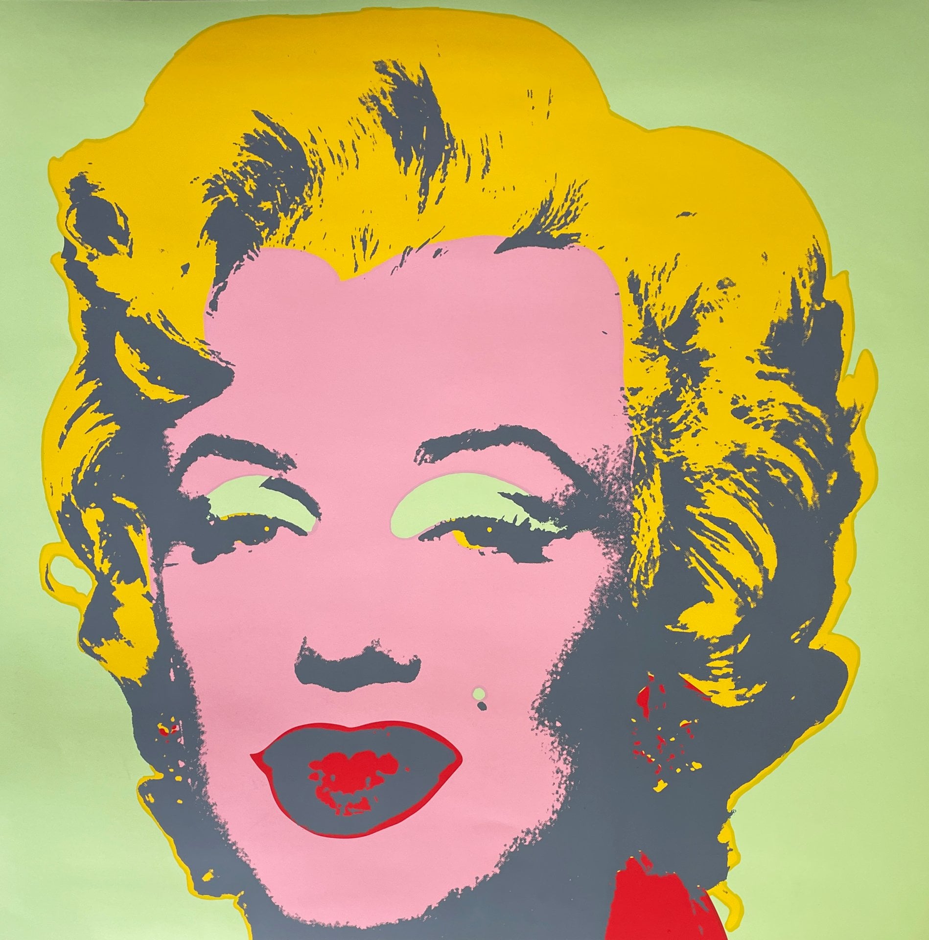 Colorful abstract portrait of a person with yellow hair on a green background