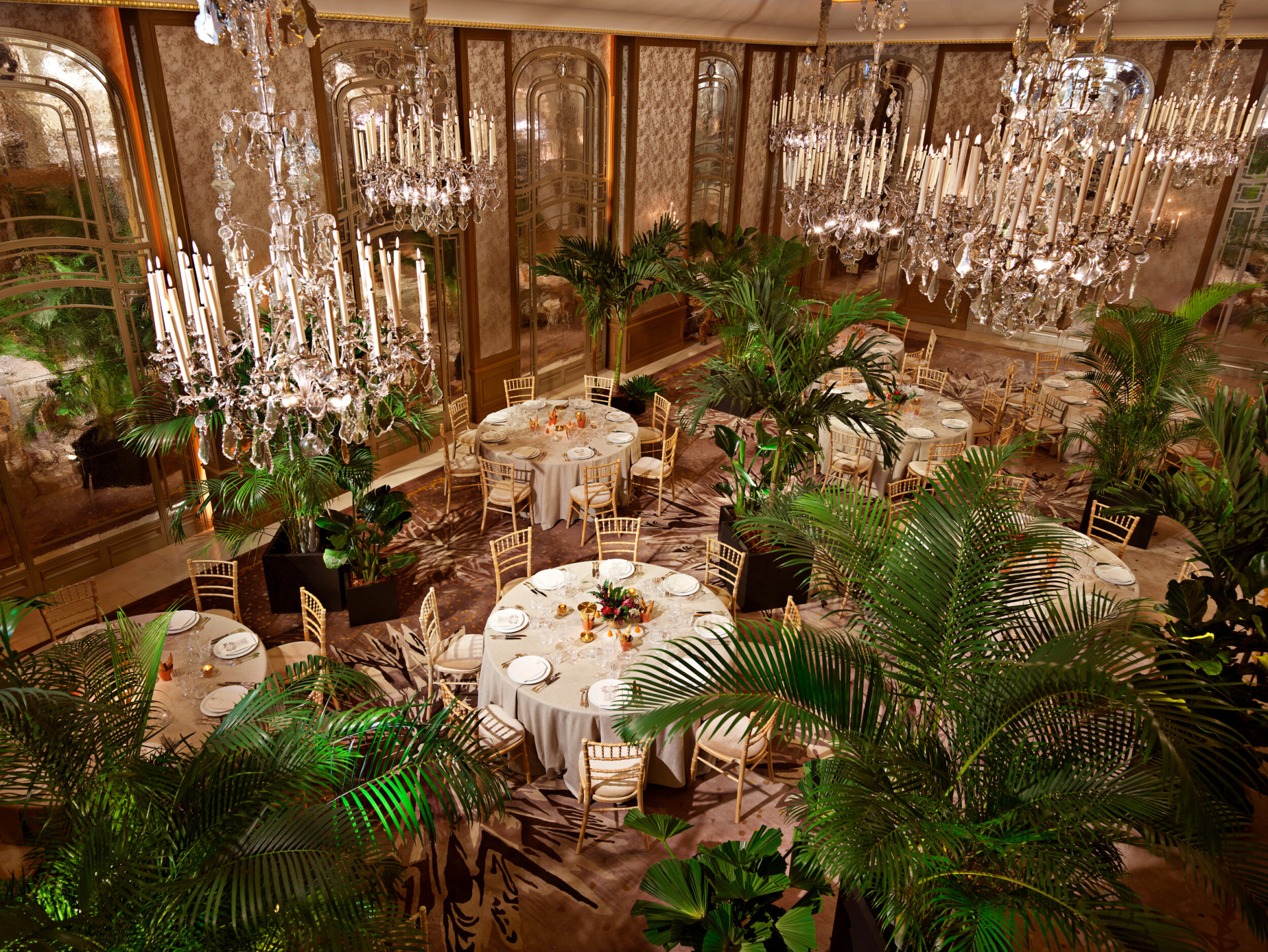 Dinner set up with round tables and palm trees captured in Le Salon Haute Couture, at Hôtel Plaza Athénée, Paris - Dorchester Collection.