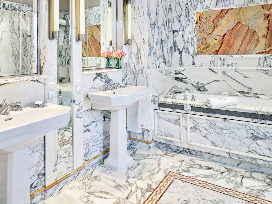 Portrait shot of the marble bathroom at Le Meurice, Paris.