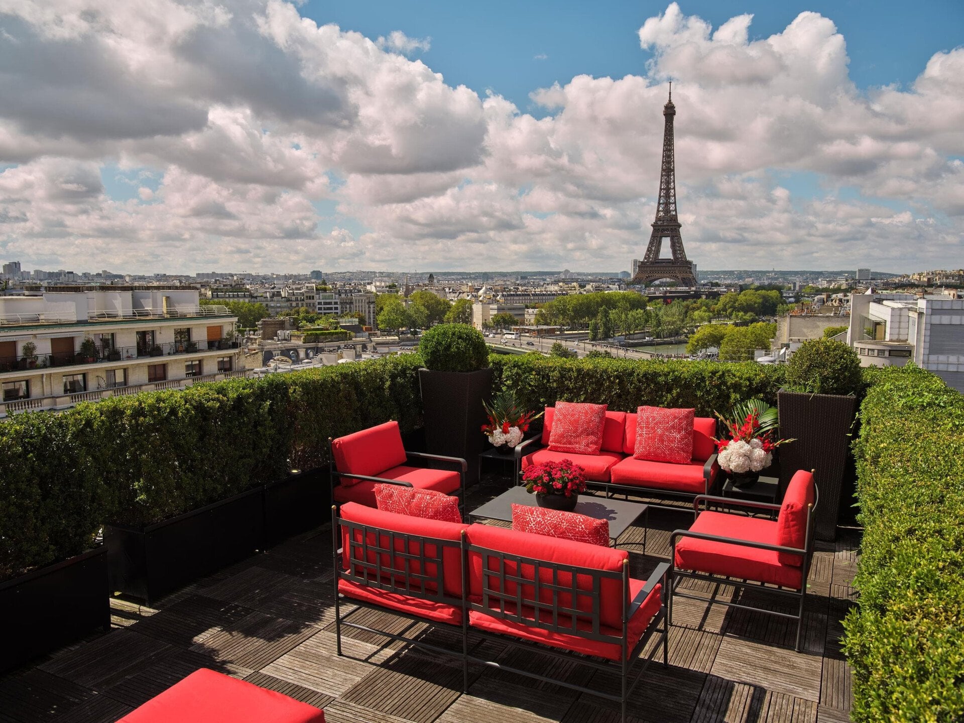 This is the terrace of the rooftop at the Plaza Athénée with a direct view on the Eiffel Tower. 