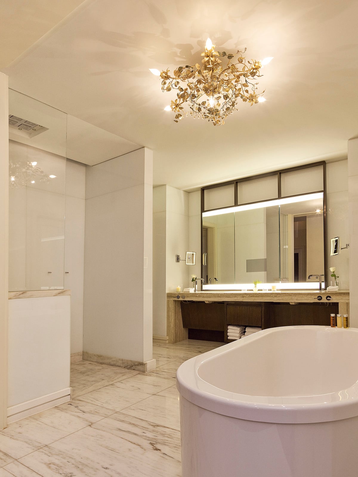 Deep soaking tub in marble bathroom of Loft Studio in Bel Air