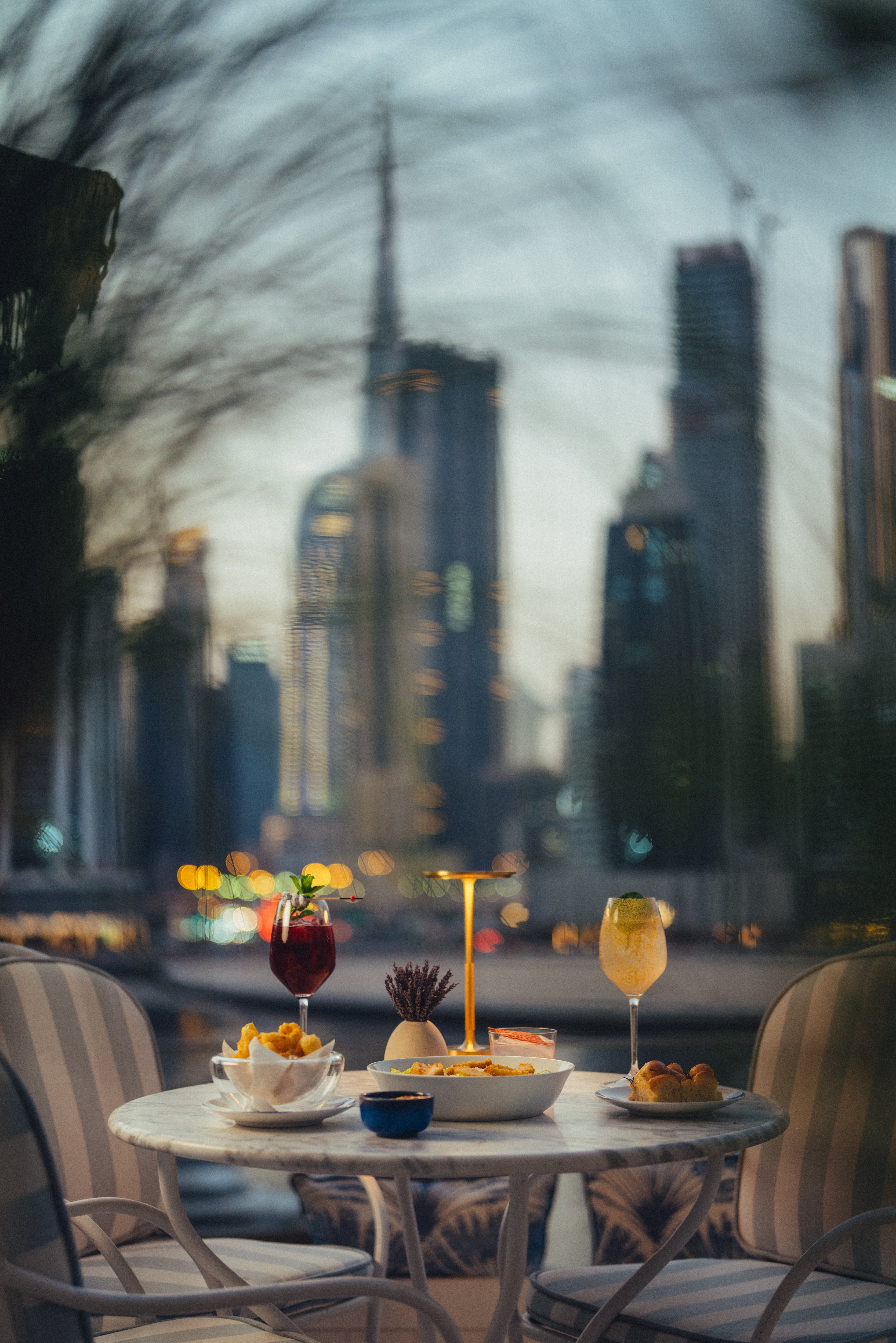 Drinks on terrace's table during the night