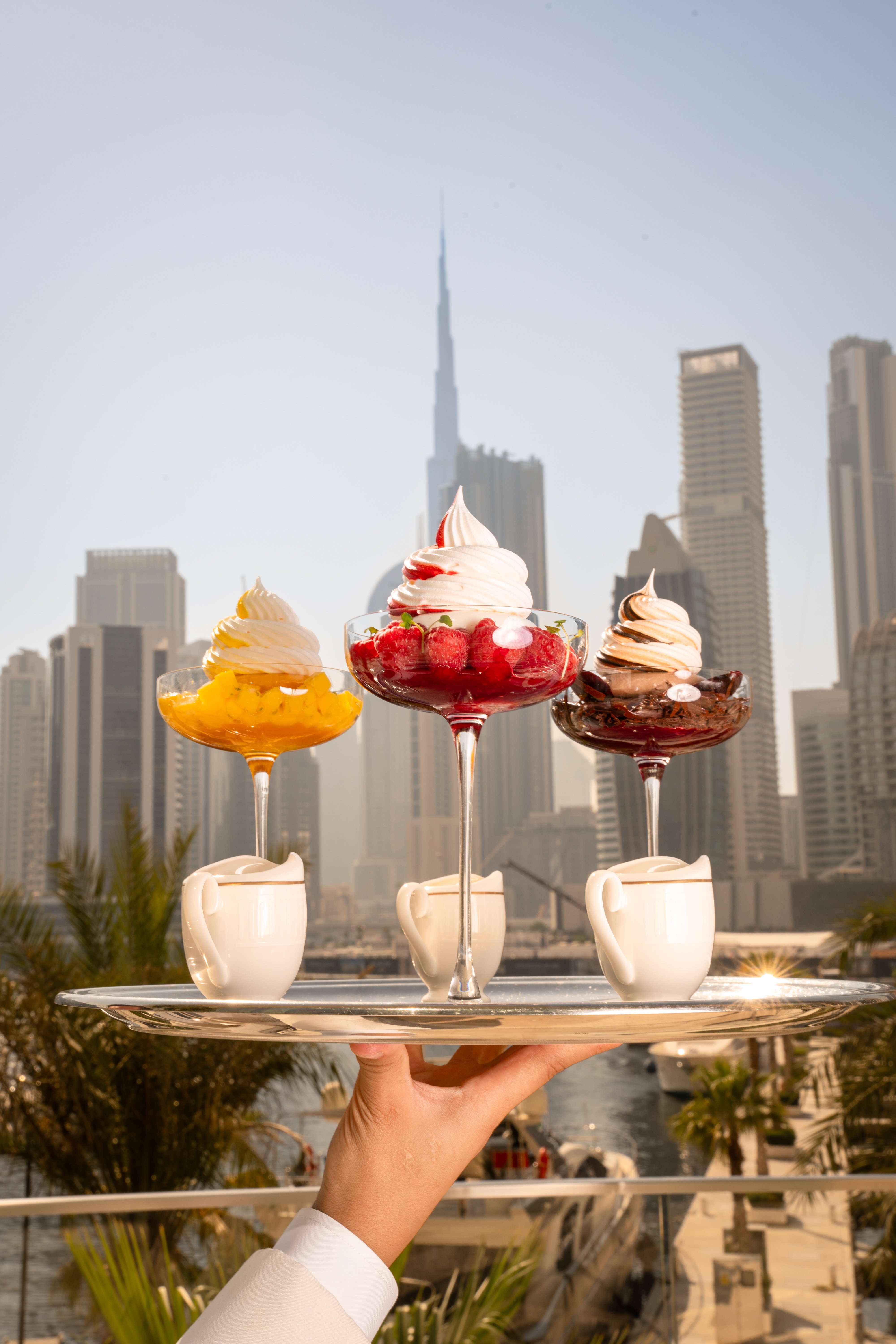 The three different flavors of Vacherin in front of Dubai Skyline